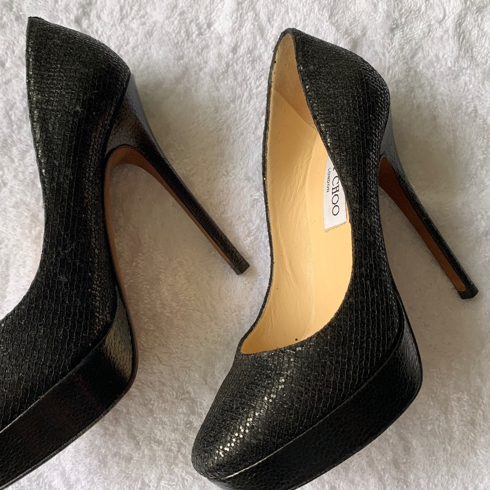 Jimmy Choo Platform Pump in Black Sequin Patent Leather, Size 37